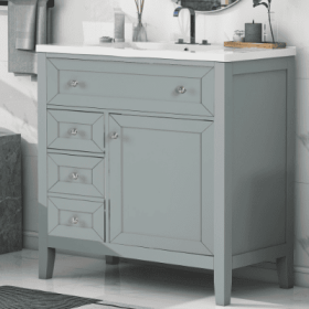 Solid Wood Bathroom Vanity With Ceramic Undermount Sink 12 Soft Close Drawer Slides, Flip Bin  Single Drawer  Storage Drawer, Adjustable Shelf, 7 (Option: Gray)