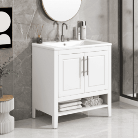 30 Bathroom Vanity With Sink, Multi-functional Bathroom Cabinet With Doors And Drawers, Solid Frame And MDF Board, White (Color: White)