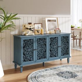 60 Antique Buffet Cabinet With Floral Carvings With Solid Wood Legs&Antique Brass Handles&Adjustable Shelves, TV Stand For 65'' TV, Sideboard For (Option: Antique Blue)