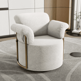 360 Degree Barrel Swivel Accent Sofa Chair,Fluffy Fabric Lounge Wide Upholstered Reading Chair With Gold Metal Legs, Comfortable Round Armchair F (Color: Beige)