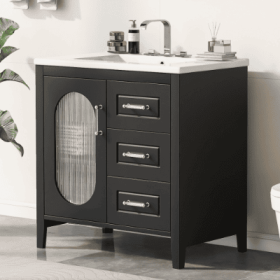 30 Bathroom Vanity With Sink, Bathroom Vanity Cabinet With Two Drawers And Door, Adjustable Shelf, Solid Wood And MDF, Bla (Color: Black)