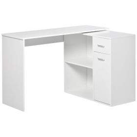 L-Shaped White Computer Desk With Rotating Shelves And Drawer Home Office Workstation (Color: White)