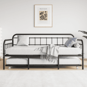 Twin Size Metal Daybed Frame With Trundle, Heavy Duty Steel Slat Support Sofa Bed Platform With Headboard, No Box Spring Needed, Black (Color: Black)