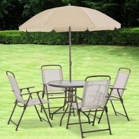 6-Piece Patio Dining Set With Umbrella, Folding Chairs & Glass Table, Beige - Outdoor Meal Setup (Color: White)