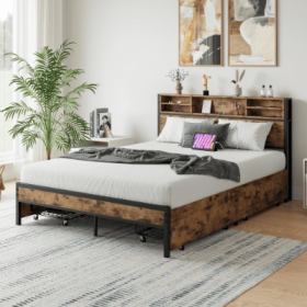 Queen Size Bed Frame With 4 Storage Drawers, Metal Platform Bed With Wooden Headboard And Charging Station, No Box Spring Needed, Noise Free, Eas (Option: Antique brown)