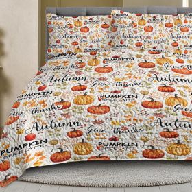 Pumpkin Autumn Leaves Design Quilt Set 3 Pieces Queen King Size All Seasons Bedding Quilt Bed Set With 2 Pillowcases For Kids Teens Adults Bedroo (Option: Queen-Orange)